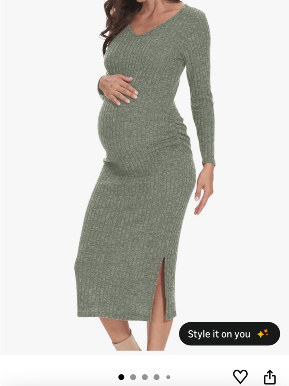 Ribbed V-Neck Maternity Midi Dress in Sage Green
